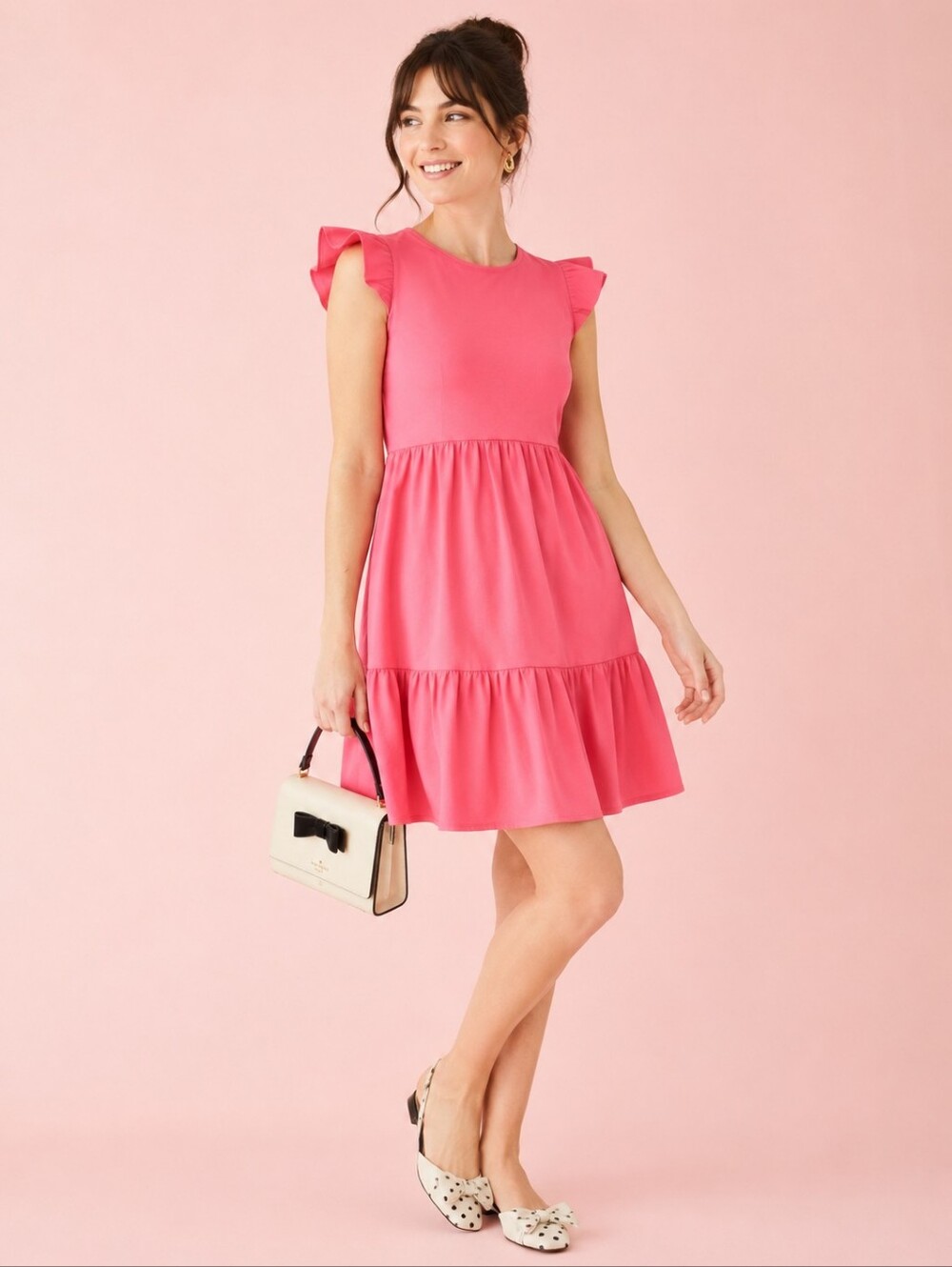 Kate Spade Dress LARGE Trapeze Knit Deep Dahlia Pink Ruffle Tiered Cotton K7675